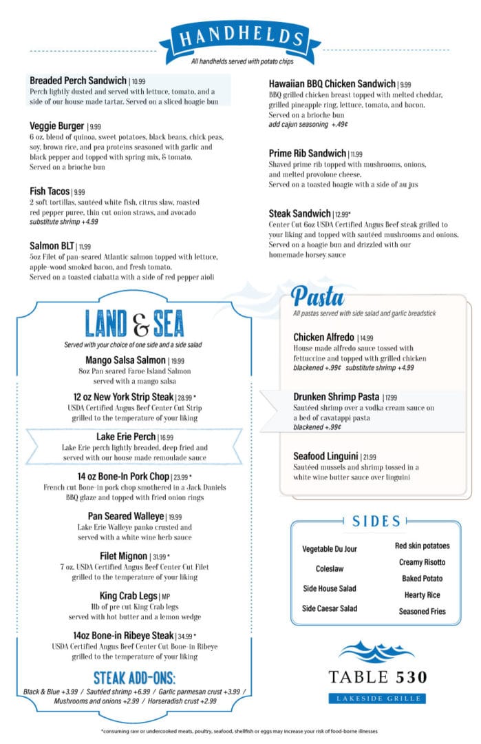 pick's at portage lakes new table 530 menu 2020